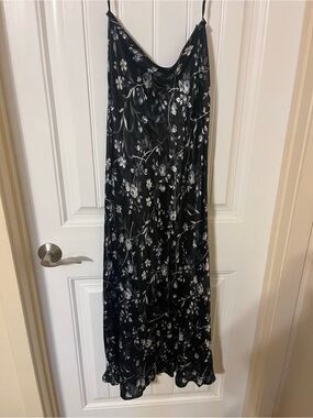 Black Floral Slip Midi Dress with White Flower Print